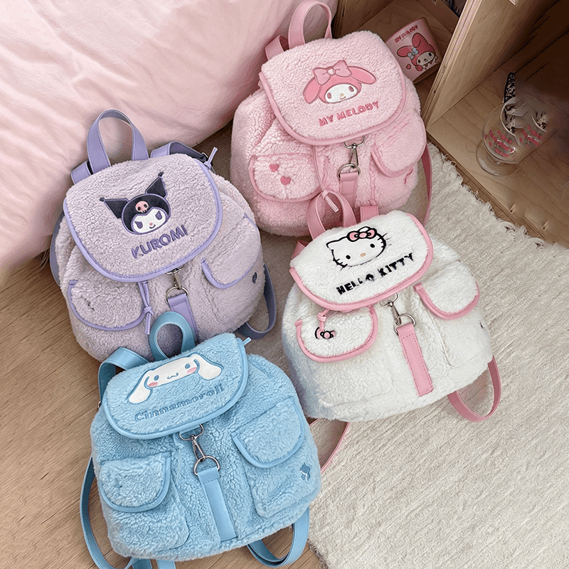 정식 라이선스 산리오 플러시 끈 조절식 배낭, 여성용 대용량 귀여운 카툰 가방, 가을 겨울 통근용 백팩